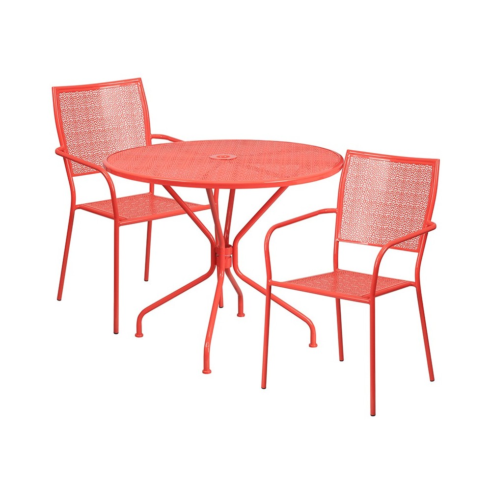 Commercial Grade 35.25" Round Coral Indoor-Outdoor Steel Patio Table Set with 2 Square Back Chairs