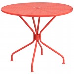 Commercial Grade 35.25" Round Coral Indoor-Outdoor Steel Patio Table Set with 2 Square Back Chairs