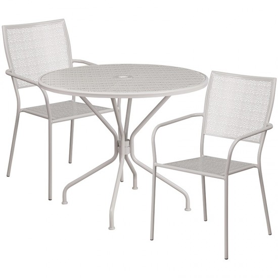 Commercial Grade 35.25" Round Light Gray Indoor-Outdoor Steel Patio Table Set with 2 Square Back Chairs