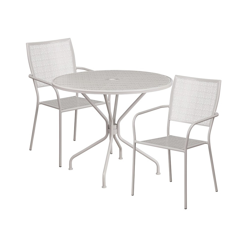Commercial Grade 35.25" Round Light Gray Indoor-Outdoor Steel Patio Table Set with 2 Square Back Chairs Commercial Grade 35.25" Round Light Gray Indoor-Outdoor Steel Patio Table Set with 2 Square Back Chairs