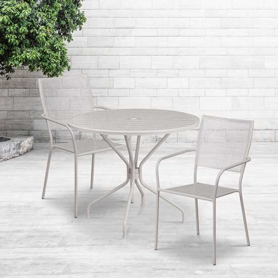 Commercial Grade 35.25" Round Light Gray Indoor-Outdoor Steel Patio Table Set with 2 Square Back Chairs