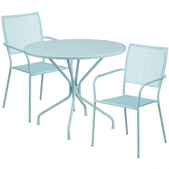 Commercial Grade 35.25" Round Sky Blue Indoor-Outdoor Steel Patio Table Set with 2 Square Back Chairs