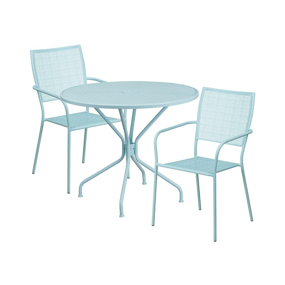 Commercial Grade 35.25" Round Sky Blue Indoor-Outdoor Steel Patio Table Set with 2 Square Back Chairs