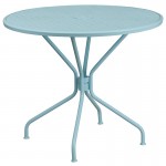 Commercial Grade 35.25" Round Sky Blue Indoor-Outdoor Steel Patio Table Set with 2 Square Back Chairs