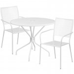 Commercial Grade 35.25" Round White Indoor-Outdoor Steel Patio Table Set with 2 Square Back Chairs