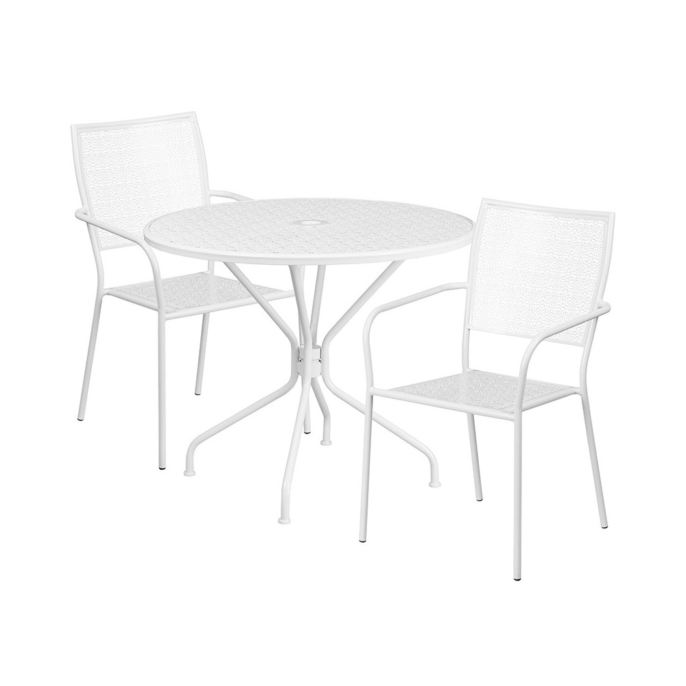 Commercial Grade 35.25" Round White Indoor-Outdoor Steel Patio Table Set with 2 Square Back Chairs