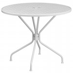 Commercial Grade 35.25" Round White Indoor-Outdoor Steel Patio Table Set with 2 Square Back Chairs