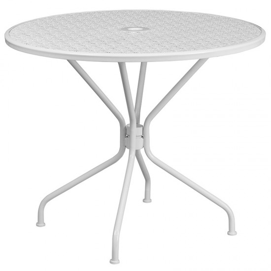 Commercial Grade 35.25" Round White Indoor-Outdoor Steel Patio Table Set with 2 Square Back Chairs