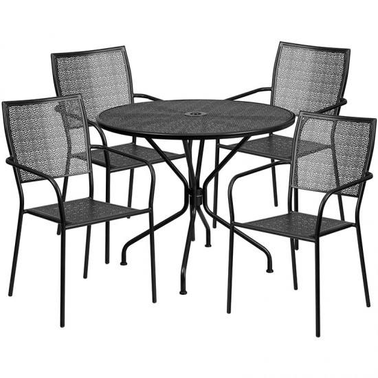 Commercial Grade 35.25" Round Black Indoor-Outdoor Steel Patio Table Set with 4 Square Back Chairs