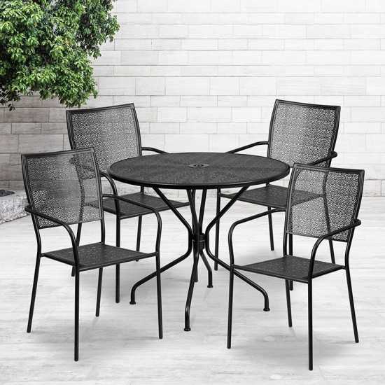 Commercial Grade 35.25" Round Black Indoor-Outdoor Steel Patio Table Set with 4 Square Back Chairs