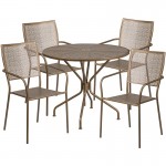 Commercial Grade 35.25" Round Gold Indoor-Outdoor Steel Patio Table Set with 4 Square Back Chairs