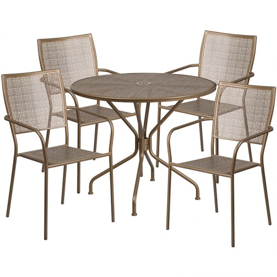 Commercial Grade 35.25" Round Gold Indoor-Outdoor Steel Patio Table Set with 4 Square Back Chairs