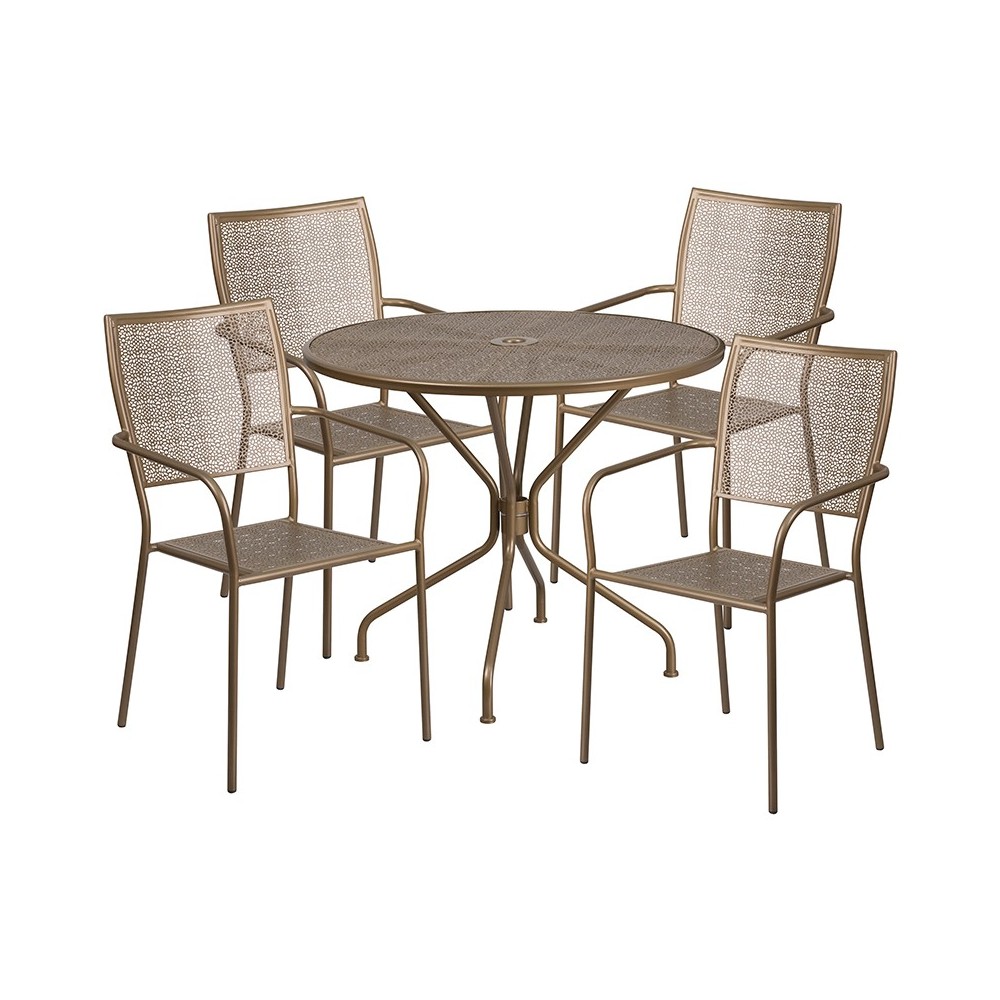 Commercial Grade 35.25" Round Gold Indoor-Outdoor Steel Patio Table Set with 4 Square Back Chairs