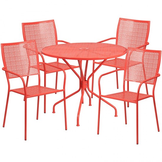 Commercial Grade 35.25" Round Coral Indoor-Outdoor Steel Patio Table Set with 4 Square Back Chairs