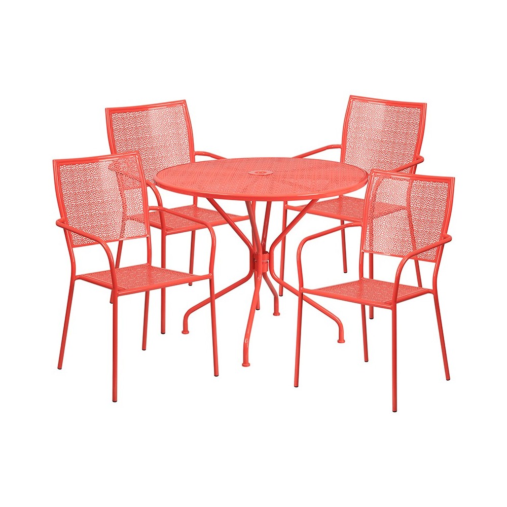 Commercial Grade 35.25" Round Coral Indoor-Outdoor Steel Patio Table Set with 4 Square Back Chairs