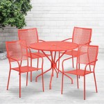 Commercial Grade 35.25" Round Coral Indoor-Outdoor Steel Patio Table Set with 4 Square Back Chairs