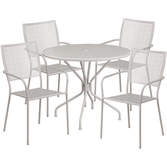 Commercial Grade 35.25" Round Light Gray Indoor-Outdoor Steel Patio Table Set with 4 Square Back Chairs