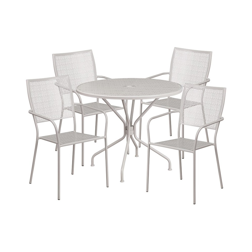 Commercial Grade 35.25" Round Light Gray Indoor-Outdoor Steel Patio Table Set with 4 Square Back Chairs Commercial Grade 35.25" Round Light Gray Indoor-Outdoor Steel Patio Table Set with 4 Square Back Chairs