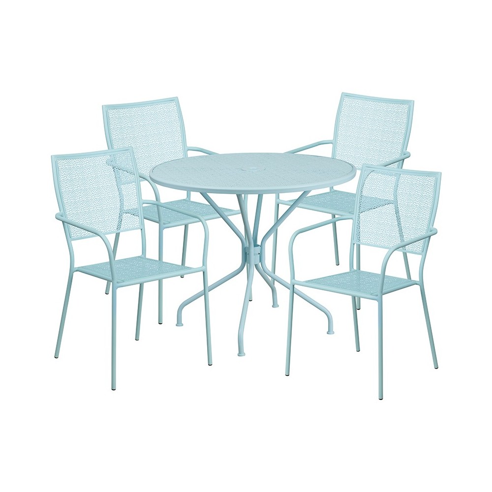 Commercial Grade 35.25" Round Sky Blue Indoor-Outdoor Steel Patio Table Set with 4 Square Back Chairs Commercial Grade 35.25" Round Sky Blue Indoor-Outdoor Steel Patio Table Set with 4 Square Back Chairs