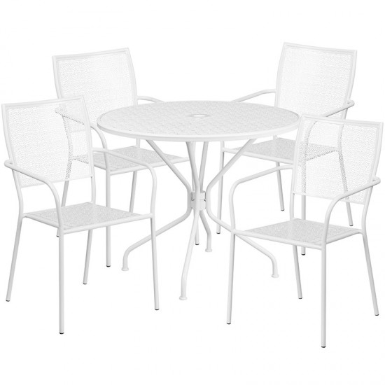 Commercial Grade 35.25" Round White Indoor-Outdoor Steel Patio Table Set with 4 Square Back Chairs