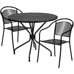 Commercial Grade 35.25" Round Black Indoor-Outdoor Steel Patio Table Set with 2 Round Back Chairs