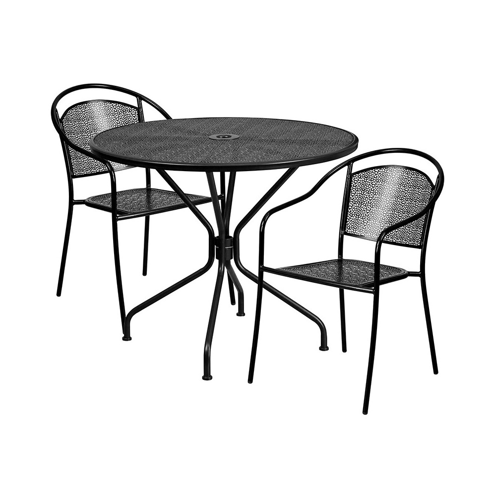 Commercial Grade 35.25" Round Black Indoor-Outdoor Steel Patio Table Set with 2 Round Back Chairs