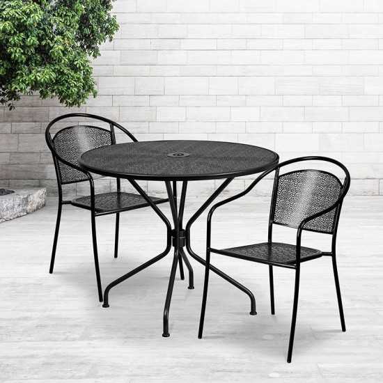 Commercial Grade 35.25" Round Black Indoor-Outdoor Steel Patio Table Set with 2 Round Back Chairs