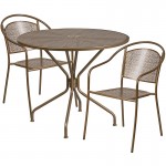 Commercial Grade 35.25" Round Gold Indoor-Outdoor Steel Patio Table Set with 2 Round Back Chairs