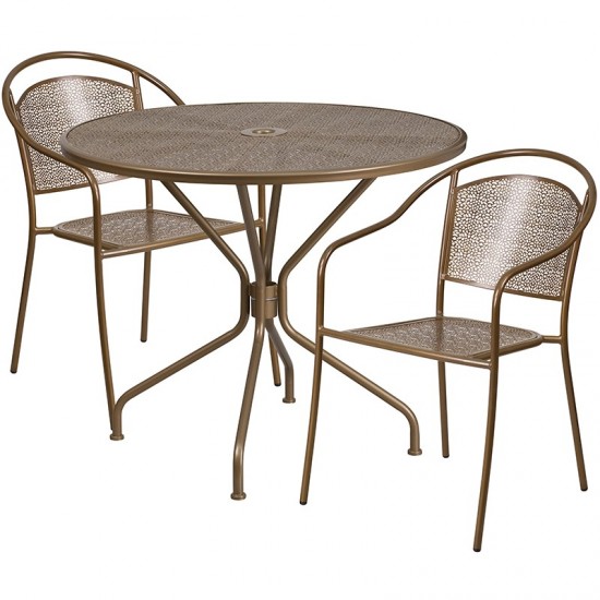 Commercial Grade 35.25" Round Gold Indoor-Outdoor Steel Patio Table Set with 2 Round Back Chairs