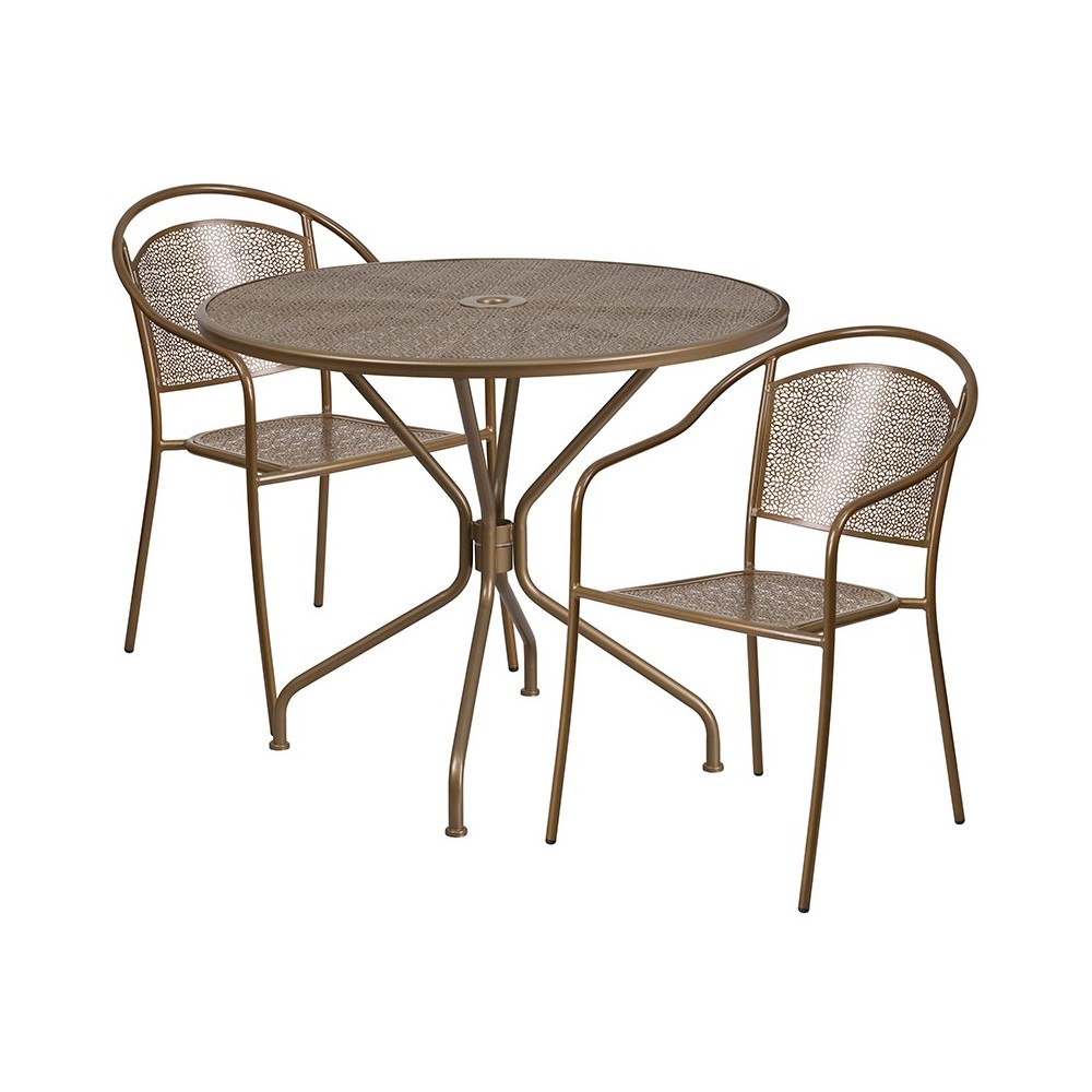 Commercial Grade 35.25" Round Gold Indoor-Outdoor Steel Patio Table Set with 2 Round Back Chairs