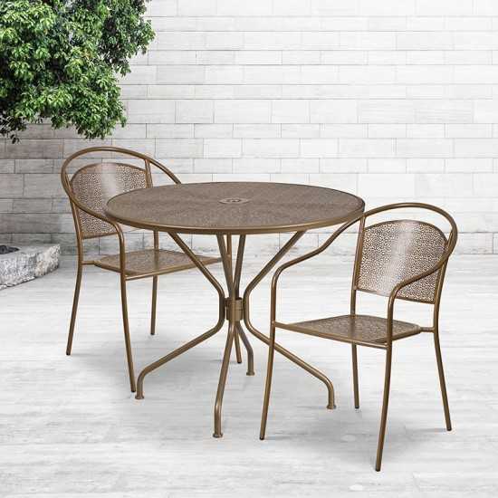 Commercial Grade 35.25" Round Gold Indoor-Outdoor Steel Patio Table Set with 2 Round Back Chairs