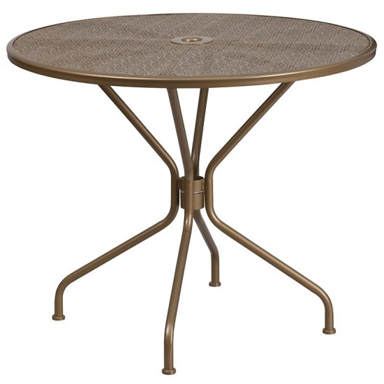 Commercial Grade 35.25" Round Gold Indoor-Outdoor Steel Patio Table Set with 2 Round Back Chairs