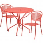 Commercial Grade 35.25" Round Coral Indoor-Outdoor Steel Patio Table Set with 2 Round Back Chairs