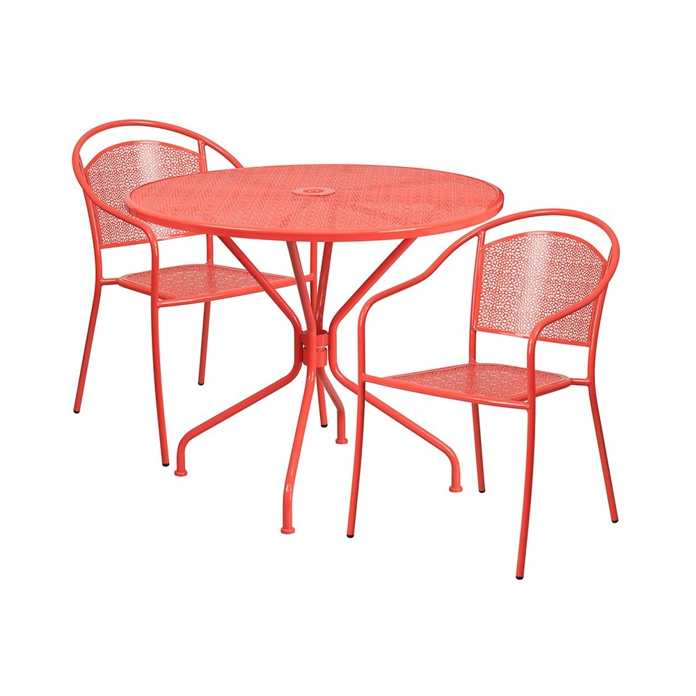 Commercial Grade 35.25" Round Coral Indoor-Outdoor Steel Patio Table Set with 2 Round Back Chairs