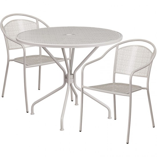 Commercial Grade 35.25" Round Light Gray Indoor-Outdoor Steel Patio Table Set with 2 Round Back Chairs