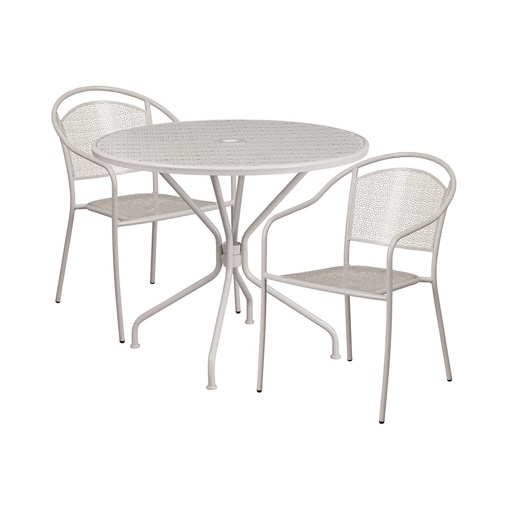 Commercial Grade 35.25" Round Light Gray Indoor-Outdoor Steel Patio Table Set with 2 Round Back Chairs Commercial Grade 35.25" Round Light Gray Indoor-Outdoor Steel Patio Table Set with 2 Round Back Chairs
