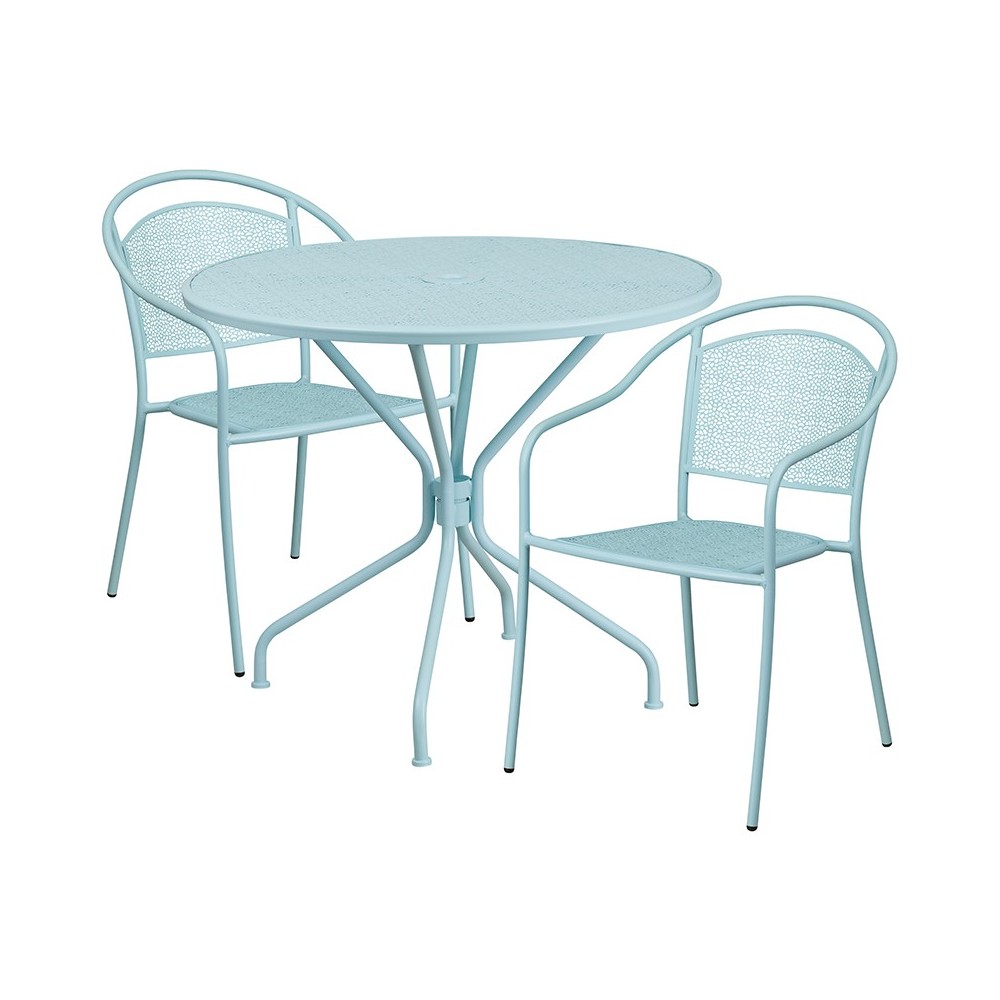Commercial Grade 35.25" Round Sky Blue Indoor-Outdoor Steel Patio Table Set with 2 Round Back Chairs