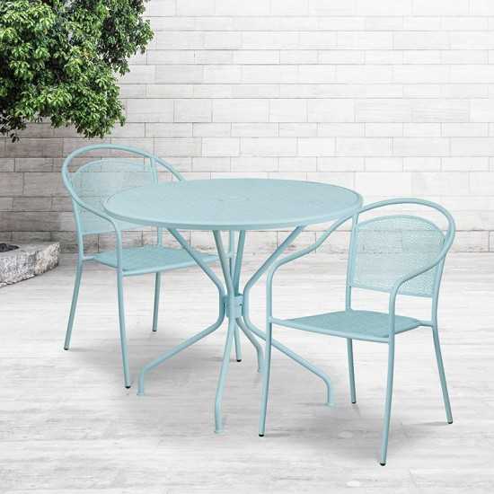 Commercial Grade 35.25" Round Sky Blue Indoor-Outdoor Steel Patio Table Set with 2 Round Back Chairs