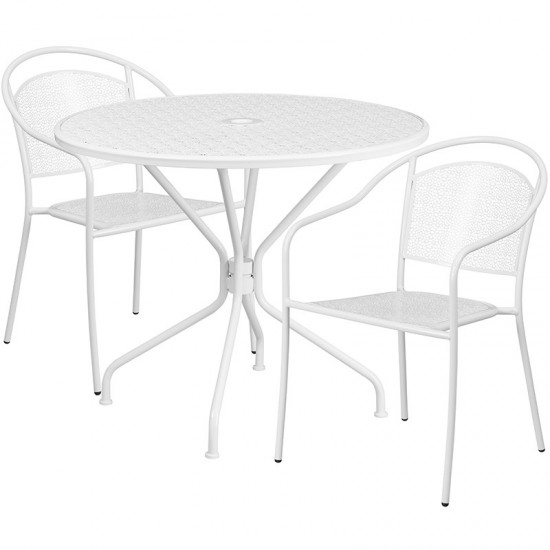 Commercial Grade 35.25" Round White Indoor-Outdoor Steel Patio Table Set with 2 Round Back Chairs