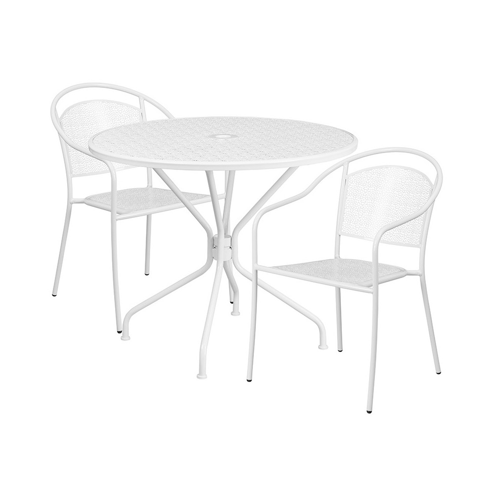 Commercial Grade 35 25 Round White Indoor Outdoor Steel Patio Table Set With 2 Round Back Chairs