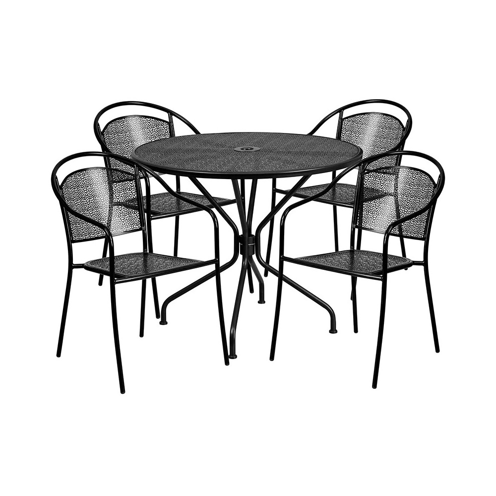 Commercial Grade 35.25" Round Black Indoor-Outdoor Steel Patio Table Set with 4 Round Back Chairs