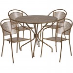 Commercial Grade 35.25" Round Gold Indoor-Outdoor Steel Patio Table Set with 4 Round Back Chairs
