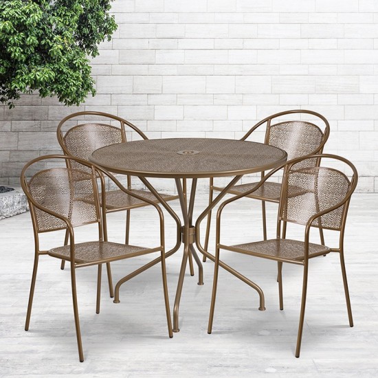 Commercial Grade 35.25" Round Gold Indoor-Outdoor Steel Patio Table Set with 4 Round Back Chairs