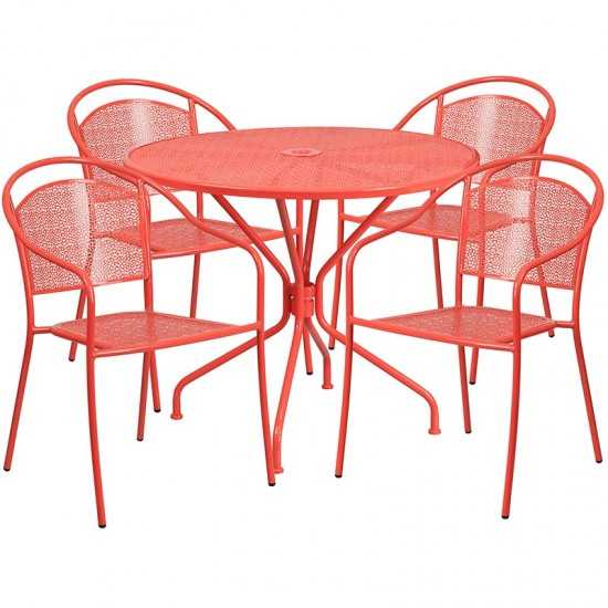 Commercial Grade 35.25" Round Coral Indoor-Outdoor Steel Patio Table Set with 4 Round Back Chairs