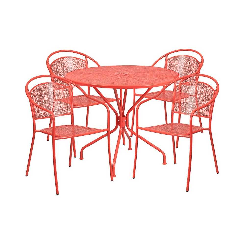 Commercial Grade 35.25" Round Coral Indoor-Outdoor Steel Patio Table Set with 4 Round Back Chairs