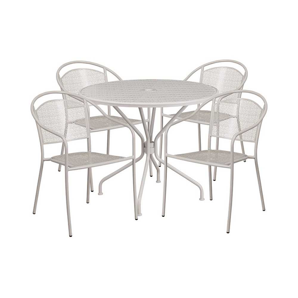 Commercial Grade 35.25" Round Light Gray Indoor-Outdoor Steel Patio Table Set with 4 Round Back Chairs Commercial Grade 35.25" Round Light Gray Indoor-Outdoor Steel Patio Table Set with 4 Round Back Chairs