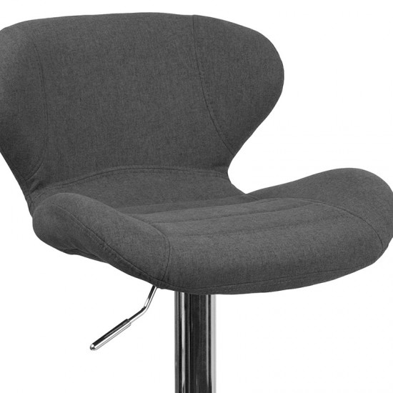 Contemporary Charcoal Fabric Adjustable Height Barstool with Curved Back and Chrome Base