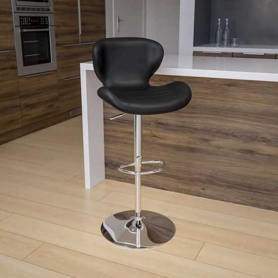 Contemporary Black Vinyl Adjustable Height Barstool with Curved Back and Chrome Base