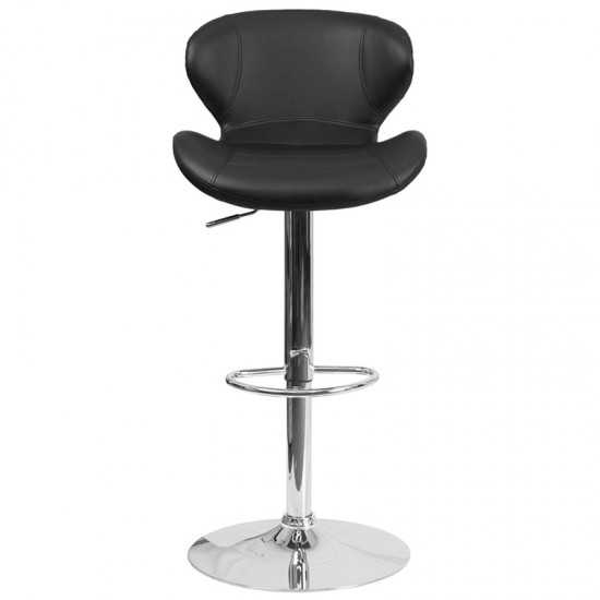 Contemporary Black Vinyl Adjustable Height Barstool with Curved Back and Chrome Base