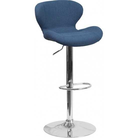 Contemporary Blue Fabric Adjustable Height Barstool with Curved Back and Chrome Base